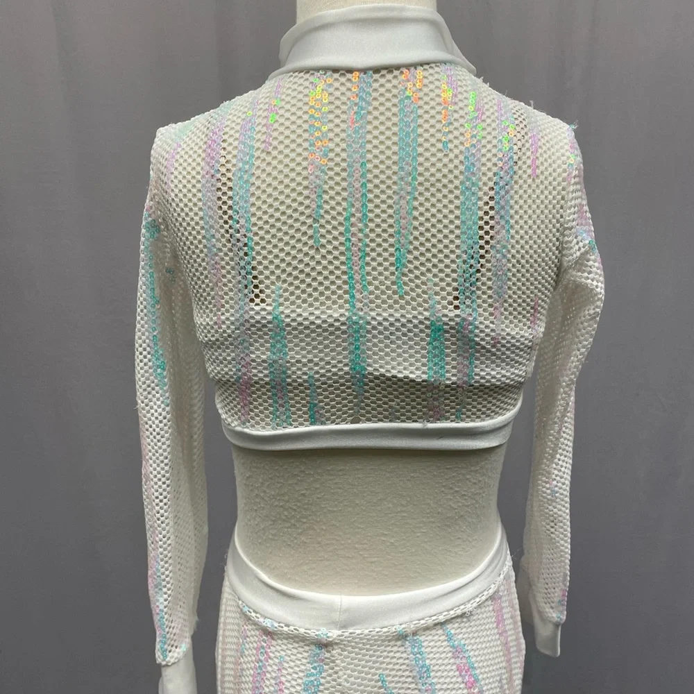 Dance costume white zip crop jacket leggings iridescent sequins size youth small